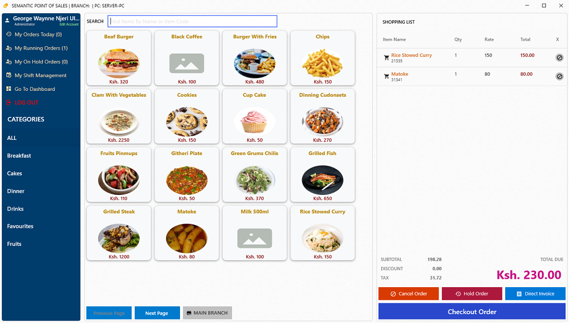 Btech POS till screen showing the product grid, categories and shopping list